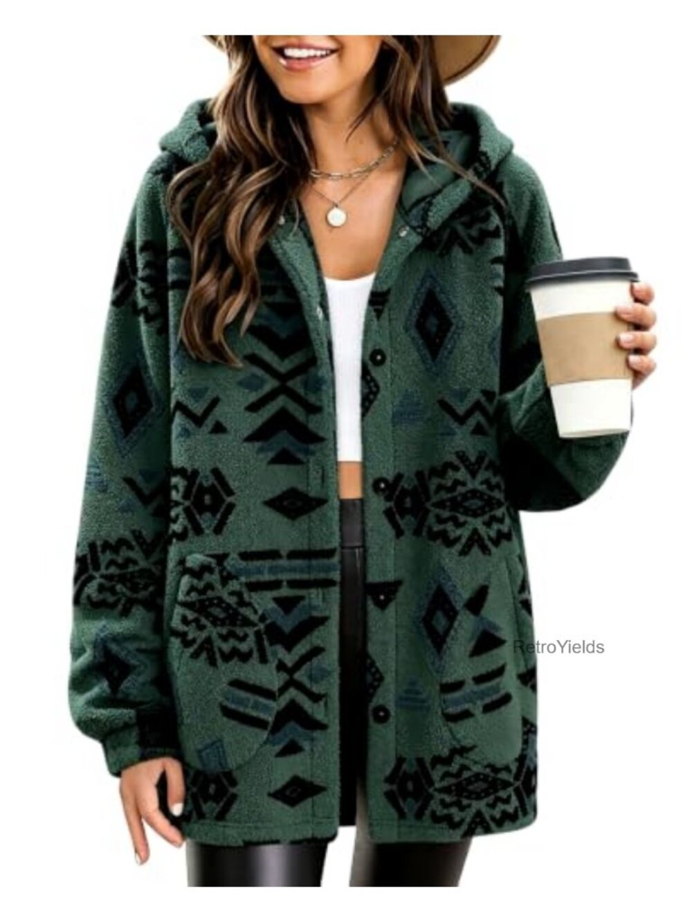 Womens Aztec Print Fleece Hoodie Jacket Button Down Sherpa Coat